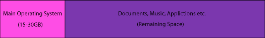 Main OS (15-30GB),Documents Music and Applications (remaining space)