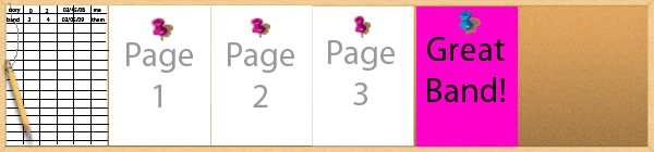 long cork board with spreadsheet with two entries, three sheets of paper after that and a band flier.