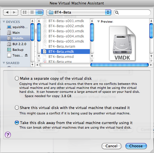 BT4-Beta.vmdk Choose Continue